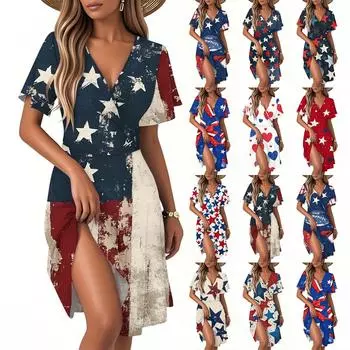 Женское повседневное модное платье с винтажным цветочным принтом и коротким рукавом и V-образным вырезом XL красный