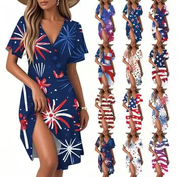 Женское повседневное модное платье с винтажным цветочным принтом и коротким рукавом и V-образным вырезом L