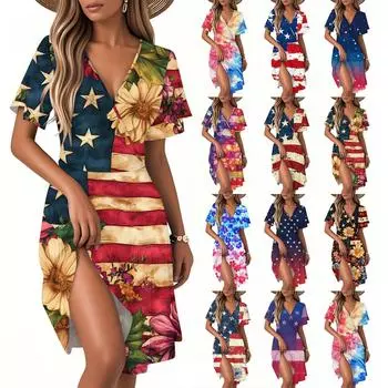 Женское повседневное модное платье с винтажным цветочным принтом и коротким рукавом и V-образным вырезом XXL розовый