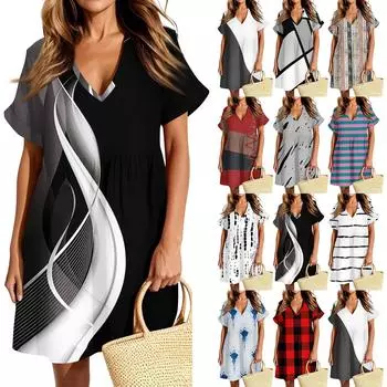 Женское повседневное модное платье с винтажными цветами и короткими рукавами и V-образным вырезом L чёрный