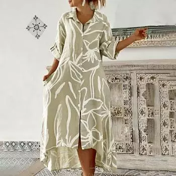 Женское повседневное модное платье средней длины с длинными рукавами и пуговицами с принтом XXL бежевый