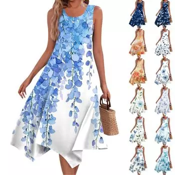 Женское повседневное модное платье средней длины с круглым вырезом без рукавов с винтажным цветочным принтом и неровным подолом L армия зеленый