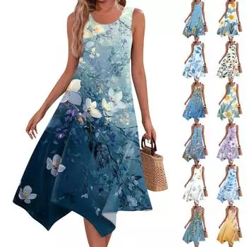 Женское повседневное модное платье средней длины с круглым вырезом без рукавов с винтажным цветочным принтом и неровным подолом L синий