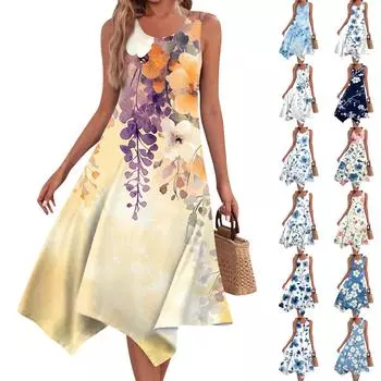 Женское повседневное модное платье средней длины с круглым вырезом без рукавов с винтажным цветочным принтом и неровным подолом L бежевый