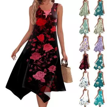 Женское повседневное модное платье средней длины с круглым вырезом без рукавов с винтажным цветочным принтом и неровным подолом L армия зеленый