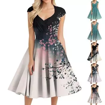 Женское повседневное модное платье средней длины с V-образным вырезом без рукавов и принтом L чёрный