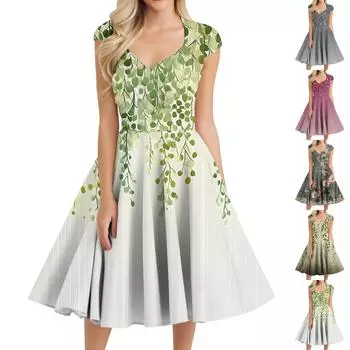 Женское повседневное модное платье средней длины с V-образным вырезом без рукавов и принтом L темно-зеленого