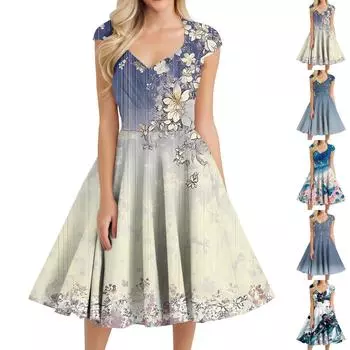 Женское повседневное модное платье средней длины с V-образным вырезом без рукавов и принтом L синий