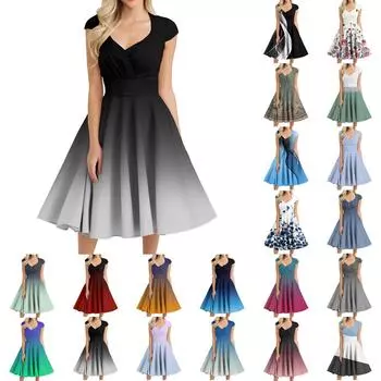 Женское повседневное модное платье средней длины с V-образным вырезом без рукавов и принтом L