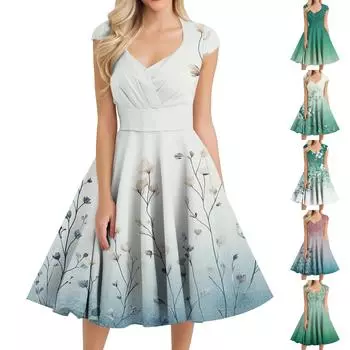 Женское повседневное модное платье средней длины с V-образным вырезом без рукавов и принтом S