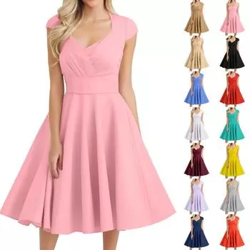 Женское повседневное модное платье средней длины с V-образным вырезом без рукавов с однотонным принтом XL жёлтый