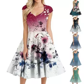 Женское повседневное модное платье средней длины с V-образным вырезом без рукавов и принтом L чёрный