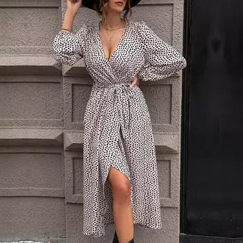 Женское повседневное модное платье в горошек с v-образным вырезом и рюшами на шнуровке с длинным рукавом L хаки