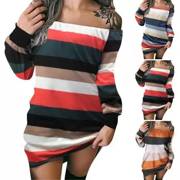 Женское повседневное модное платье в полоску с длинным рукавом без бретелек XXL оранжевый