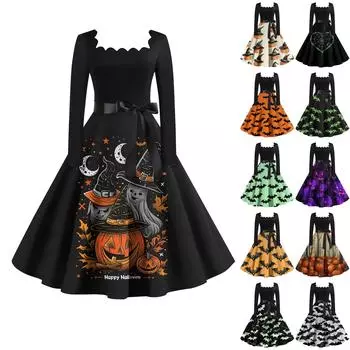 Женское повседневное модное платье в стиле ретро с квадратным вырезом и длинными рукавами XL чёрный