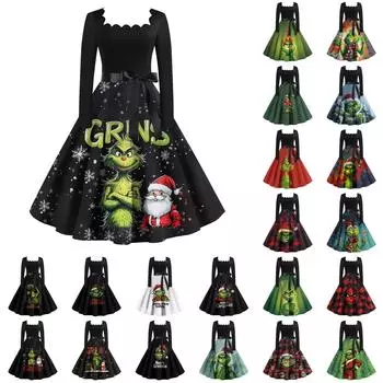 Женское повседневное модное платье в стиле ретро с квадратным вырезом и длинными рукавами XXL