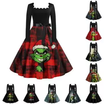 Женское повседневное модное платье в стиле ретро с квадратным вырезом и длинными рукавами XXL