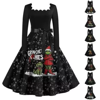 Женское повседневное модное платье в стиле ретро с квадратным вырезом и длинными рукавами L армия зеленый