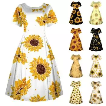 Женское повседневное модное платье, винтажное платье миди с принтом подсолнечника, круглым вырезом и короткими рукавами, длинные большие распашные платья L чёрный