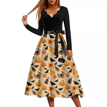 Женское повседневное модное платье винтажного стиля с принтом на Хэллоуин и V-образным вырезом XL