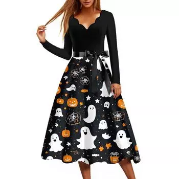 Женское повседневное модное платье винтажного стиля с принтом на Хэллоуин и V-образным вырезом S чёрный