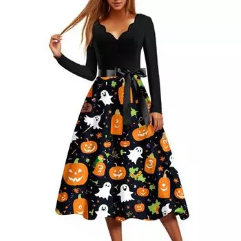 Женское повседневное модное платье винтажного стиля с принтом на Хэллоуин и V-образным вырезом S чёрный