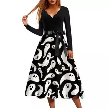 Женское повседневное модное платье винтажного стиля с принтом на Хэллоуин и V-образным вырезом XXL чёрный