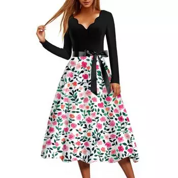 Женское повседневное модное платье винтажного стиля с цветочным принтом и V-образным вырезом S