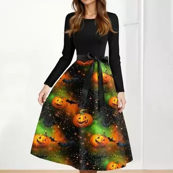 Женское повседневное модное платье винтажного стиля с принтом на Хэллоуин и круглым вырезом S