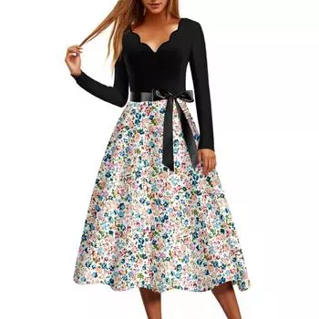 Женское повседневное модное платье винтажного стиля с цветочным принтом и V-образным вырезом L армия зеленый