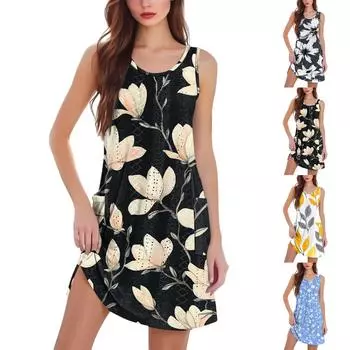 Женское повседневное модное платье-жилет с цветочным принтом и карманами L чёрный