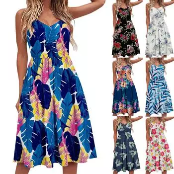 Женское повседневное модное плиссированное платье на бретельках с v-образным вырезом и цветочным принтом листьев и высокой талией XL синий