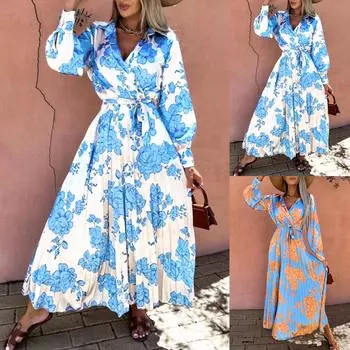 Женское повседневное модное плиссированное платье с V-образным вырезом и длинными рукавами, сарафан L оранжевый