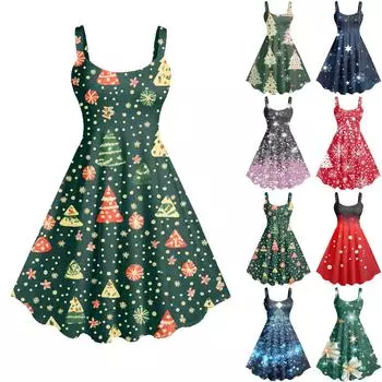 Женское повседневное модное рождественское печатное сексуальное ретро-платье с подтяжками, большая юбка-свитер S красный