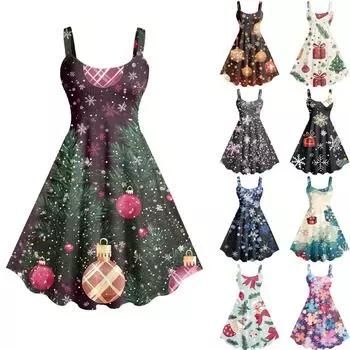 Женское повседневное модное рождественское печатное сексуальное ретро-платье с подтяжками, большая юбка-свитер S