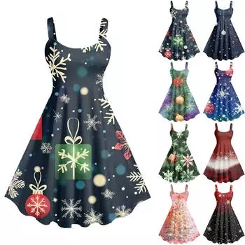 Женское повседневное модное рождественское печатное сексуальное ретро-платье с подтяжками, большая юбка-свитер XXL винный