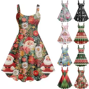 Женское повседневное модное рождественское печатное сексуальное ретро-платье с подтяжками, большая юбка-свитер XXL