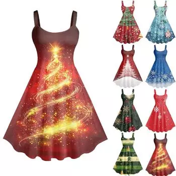 Женское повседневное модное рождественское печатное сексуальное ретро-платье с подтяжками, большая юбка-свитер XXL красный
