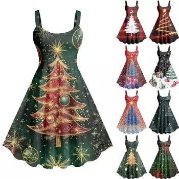 Женское повседневное модное рождественское печатное сексуальное ретро-платье с подтяжками, большая юбка-свитер XXL