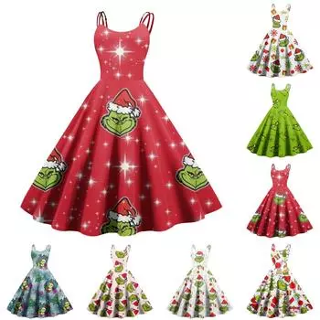 Женское повседневное модное рождественское платье Greentown с принтом в стиле ретро с открытыми плечами в стиле панк-платье в стиле ретро XXL