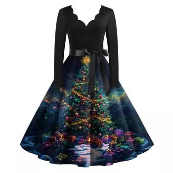 Женское повседневное модное рождественское платье с V-образным вырезом в винтажном стиле XXL