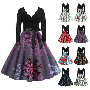 Женское повседневное модное рождественское платье с длинным рукавом в винтажном стиле S