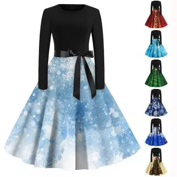 Женское повседневное модное рождественское платье с длинными рукавами и принтом снежинок, вечерние повседневные платья с вырезом и круглым вырезом M синий