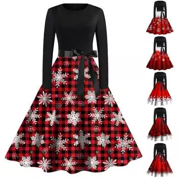 Женское повседневное модное рождественское платье с длинными рукавами и принтом снежинок, вечерние повседневные платья с вырезом и круглым вырезом M красный