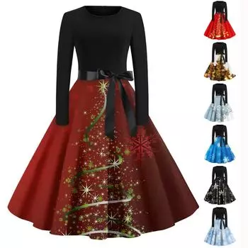 Женское повседневное модное рождественское платье с длинными рукавами и принтом снежинок, вечерние повседневные платья с вырезом и круглым вырезом L чёрный