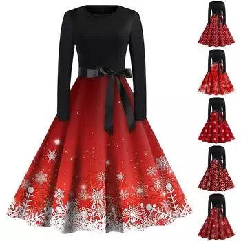 Женское повседневное модное рождественское платье с длинными рукавами и принтом снежинок, вечерние повседневные платья с вырезом и круглым вырезом L