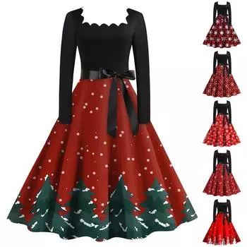 Женское повседневное модное рождественское платье с принтом снежинок и длинными рукавами, повседневное платье с вырезом и квадратным вырезом L