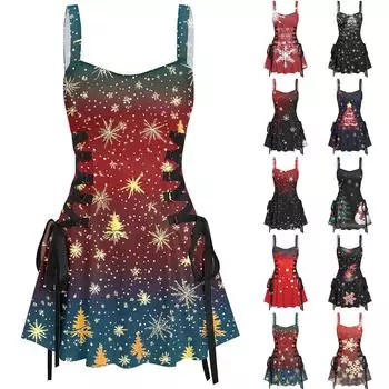Женское повседневное модное рождественское платье с сексуальным принтом на бретельках в стиле ретро с короткими юбками в стиле ретро XL