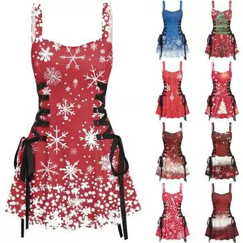 Женское повседневное модное рождественское платье с сексуальным принтом на бретельках в стиле ретро с короткими юбками в стиле ретро M винный