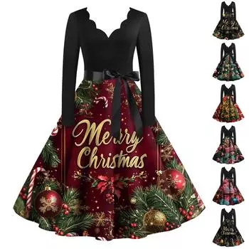 Женское повседневное модное рождественское платье с V-образным вырезом в винтажном стиле XXXL